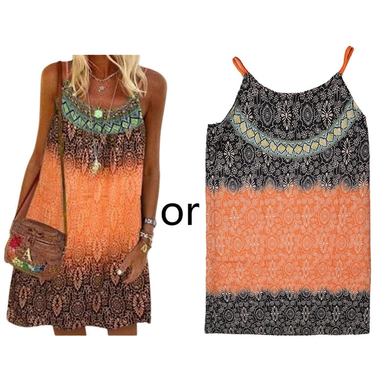 Womens Summer Spaghetti Strap Mini A-Line Dress Scoop Neck Ethnic Floral Printed Pleated Flowy Hem Beach Sling Sundress  Orange S | Fruugo SG