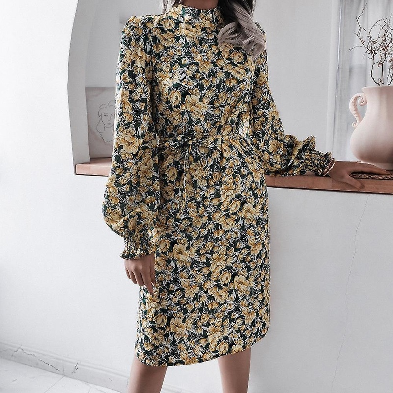 Fall Winter Women’s Floral Stand Collar Lantern Long Sleeve Chiffon Printed Dress | Fruugo SG