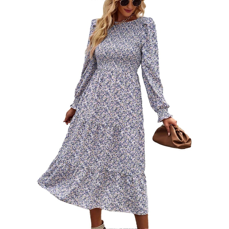 Floral High Waist Dress Long Sleeve Stretchy Round Neck Polyester Fiber Midi Dress for Dating Pink L | Fruugo SG