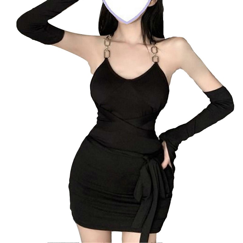Halter Neck Mini Bodycon Chain Link Slim Fitted Waist Belt Backless Strapless Bodycon Dress with Arm Sleeve | Fruugo SG