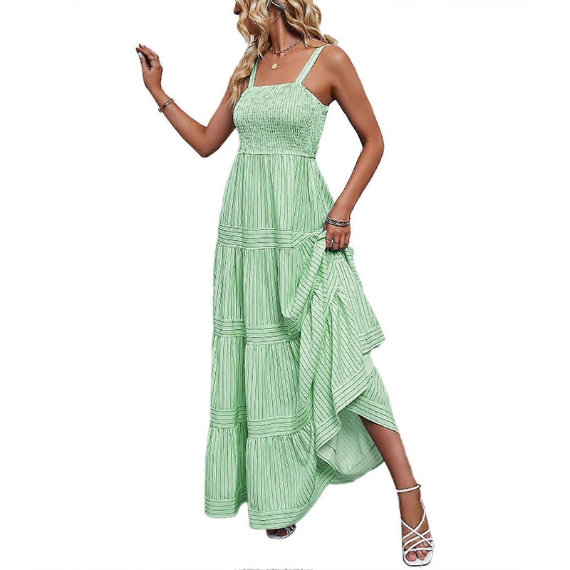 Maxi Dress Strap Waist Shirred Sleeveless Striped Printed Fashionable Women Maxi Dress for Vacation Green S | Fruugo SG