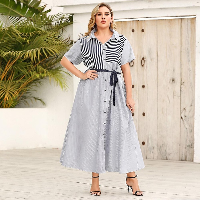Plus Size Women’s Summer Lapel Striped Short Sleeve Tie Shirt Dress Xl-4xl | Fruugo SG