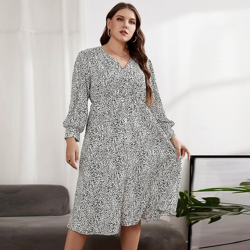 Plus Size Women Spring Summer V-neck Long Sleeve Dress Elastic Waist Thin Loose Printed Dress Xl-5xl | Fruugo SG
