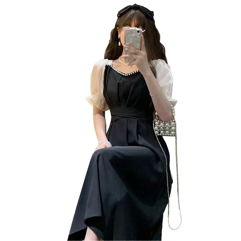 Puff Sleeve Dress Pearl Decor Square Neck Waist Tie Elegant Sweet Women Summer Dress | Fruugo SG