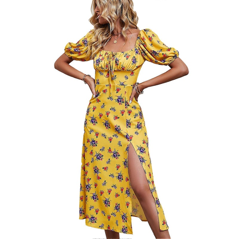Short Sleeve Floral Print Midi Dress Women Stylish Elegant Slim Fit Drawstring Ruched Bust Split Dress Yellow S | Fruugo SG