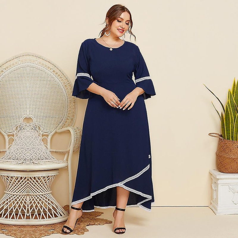 Spring Autumn Plus Size Women’s Lace Stitching Round Neck Mid Sleeve Solid Color Loose Dress Xl-4xl | Fruugo SG
