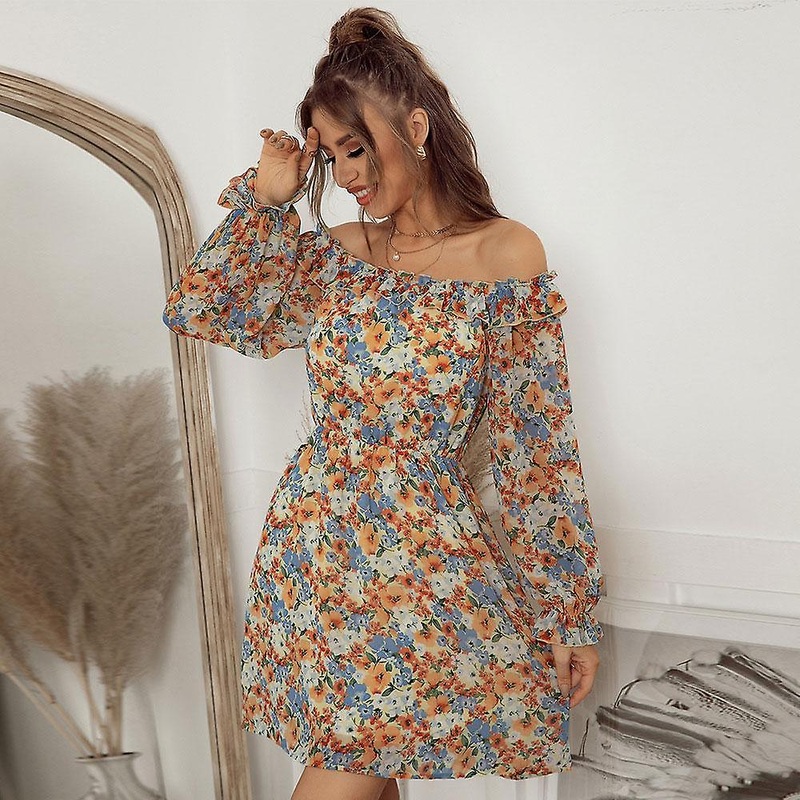 Spring Summer Foral Print Above Knee Dress Women Casual A-line Slash Neck Off Shoulder Full Sleeve High Waist Slim S-xl | Fruugo SG