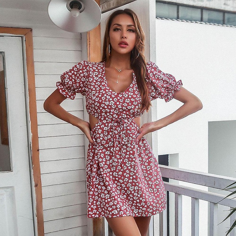 Spring Summer Puff Sleeve Show Waist Print Ladies Sexy High Waist Floral Short Dress Sundress | Fruugo SG