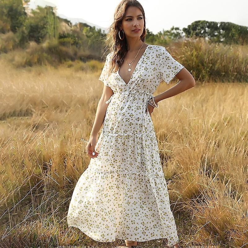 Summer Casual Women Dress Long V-neck Short Sleeve Floral Print Bohemian Lotus Leaf Sweet Cotton Green Blue White Yellow S-xl | Fruugo SG