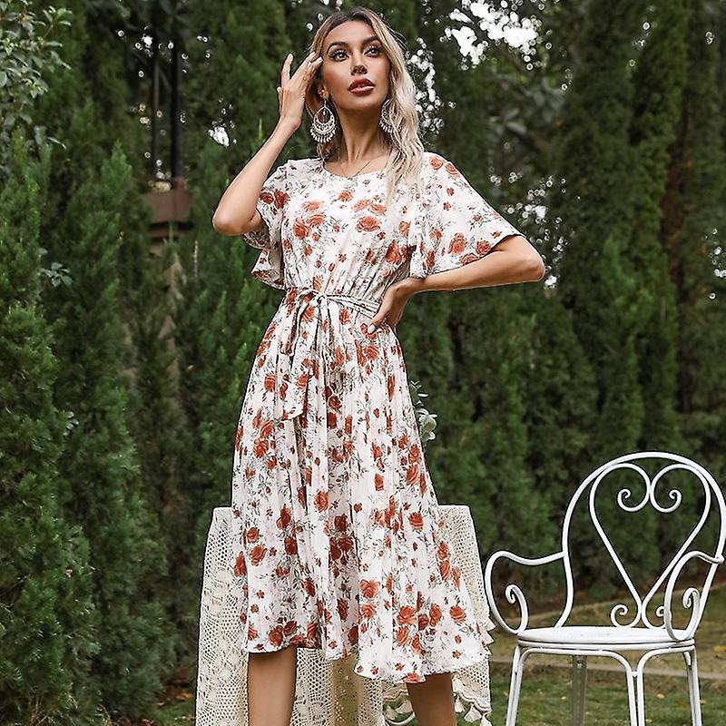 Summer Fall Floral Print Long Dress Women Casual O-neck Short Butterfly Sleeve High Waist Slim Bandage Blet S-xl | Fruugo SG