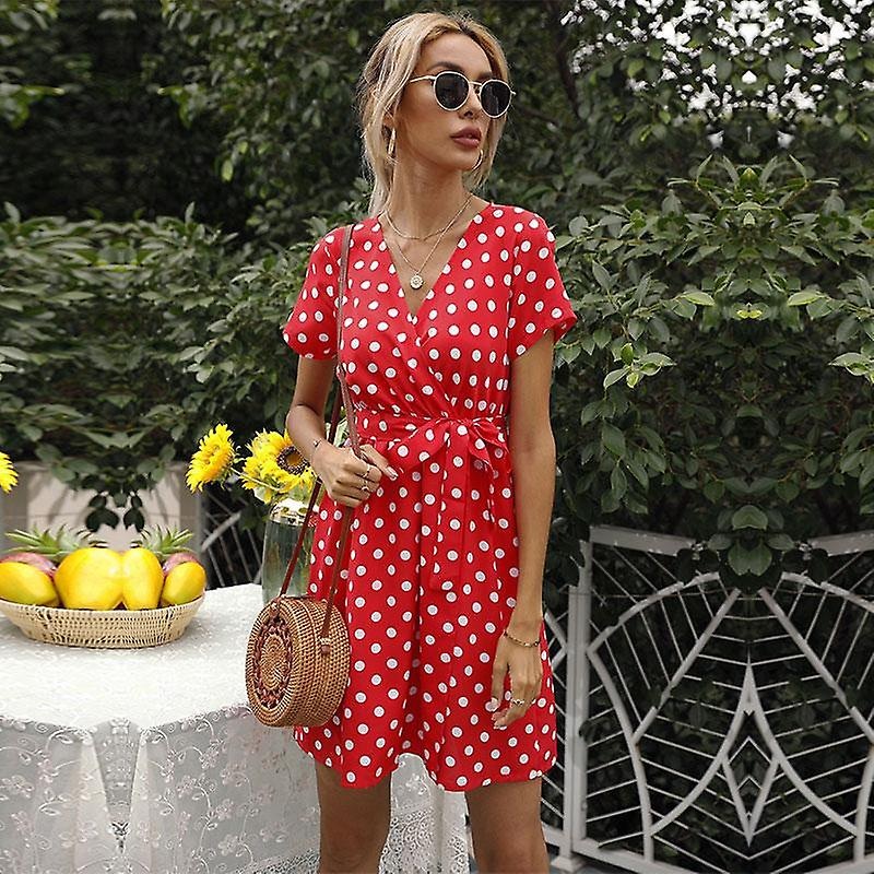 Summer Fall Polka Dot Print Short Dress Mini Women Casual V-neck Short Sleeve High Waist Bandage Belt S-xxl | Fruugo SG