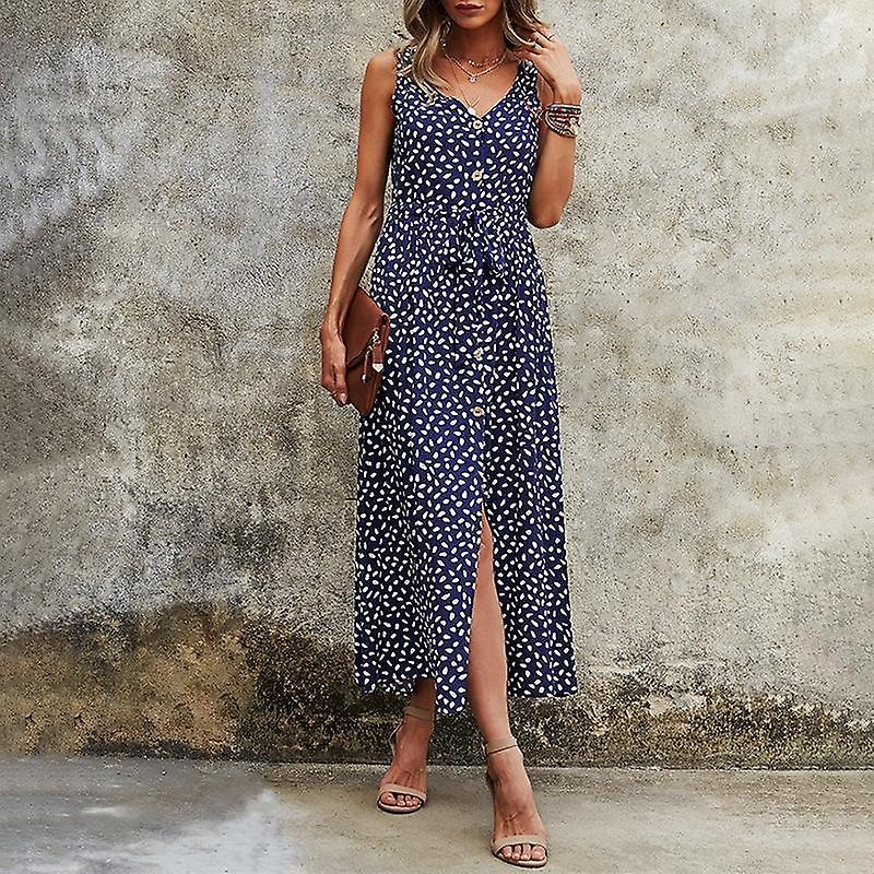 Summer Fall Print Long Dress Women Vacation Style V-neck Sleeveless High Waist Bandage Button S-xl | Fruugo SG
