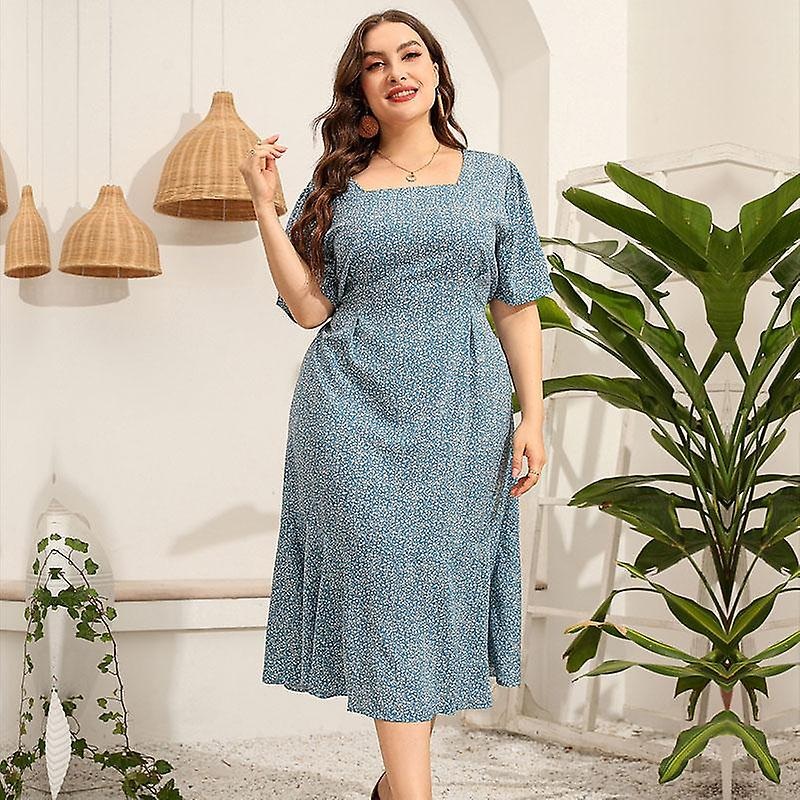 Summer Plus Size Women’s Square Neck Short Sleeve Floral Slim Fishtail High Waist Dress Xl-5xl | Fruugo SG