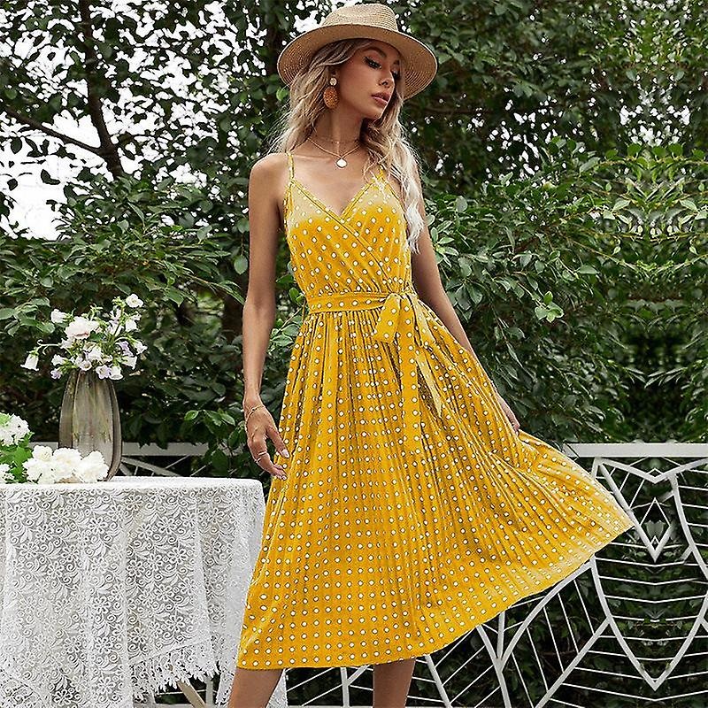 Summer V Neck Sexy Polka Dot Slip For Women’s A  Line Lace Up Pleated Printed Dress | Fruugo SG