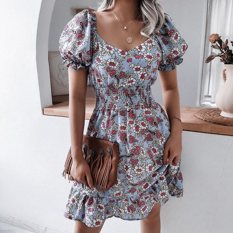 Summer Waist Square Neck Balloon Sleeve Floral Ruffle Chic Printed Dress | Fruugo SG