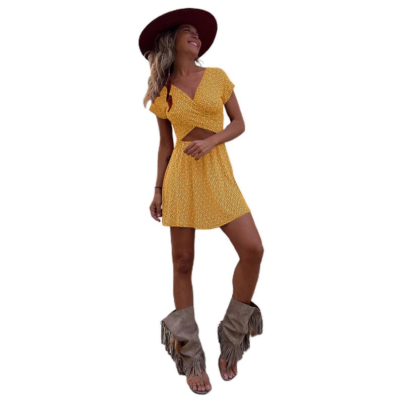 Summer Womens Dress Hollows Breast Ruffle Floral Printed V-neck High-Waist Mini Wedding Guest Dress for Office Daily  Yellow S | Fruugo SG