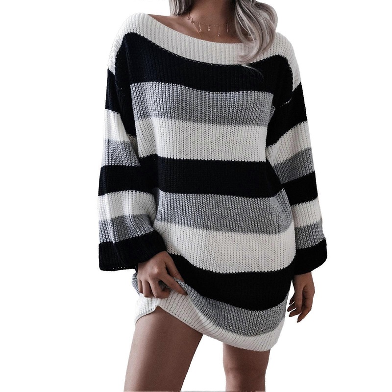 Sweater Off Shoulder Stripe Color Blocking Slouchy Long Sleeves Loose Casual Knit Dress for Fall Winter | Fruugo SG