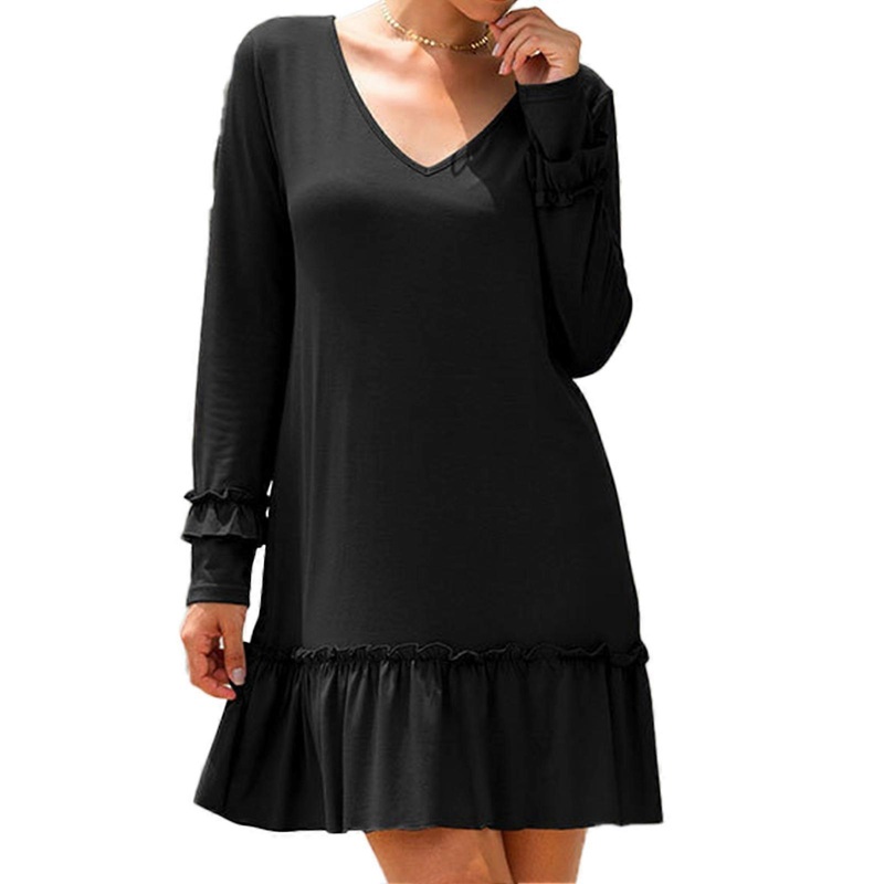V Neck Dress Pure Color Long Sleeve Ruffle Loose Casual Women Dress for Holiday Club Date Work Vacation Black M | Fruugo SG