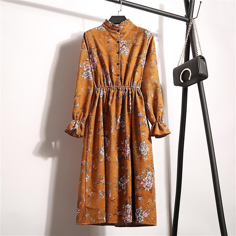 Vintage Collar Long Sleeve Corduroy Floral Dress Women’s Party Ruffle Dress Bohemia Print Dress | Fruugo SG
