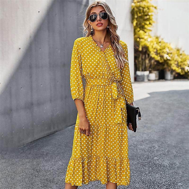 Women Autumn Spring Casual Dress Long Slim A-line Three Quarter Sleeve Bandage Ruffles V-neck High Waist Dot Print Red Yellow Navy S-xl | Fruugo SG