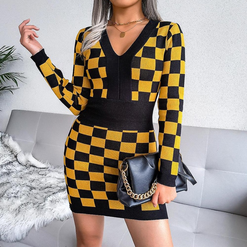 Women Autumn Winter V Neck Long Sleeve Checkerboard Plaid Hip Knit Chic Dresses S-l | Fruugo SG