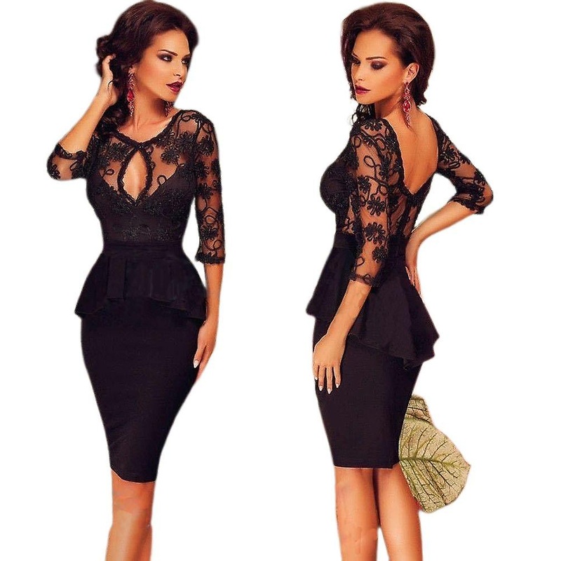 Women Cut Out Front Floral Lace Panel Bodycon Peplum Dress | Fruugo SG