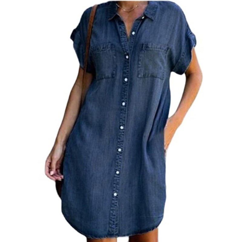 Women Denim Shirt Short Sleeve Dresses Casual Loose V-Neck Midi Jean Dress Tunic Distressed Button D | Fruugo SG