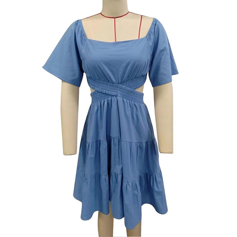 Women Dress Short Bell Sleeves Ruffle Hem Crossing Waist Hollow Out Back Shirred Summer Dress Blue XL | Fruugo SG