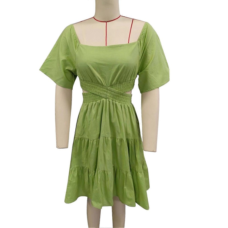 Women Dress Short Bell Sleeves Ruffle Hem Crossing Waist Hollow Out Back Shirred Summer Dress Light Green M | Fruugo SG