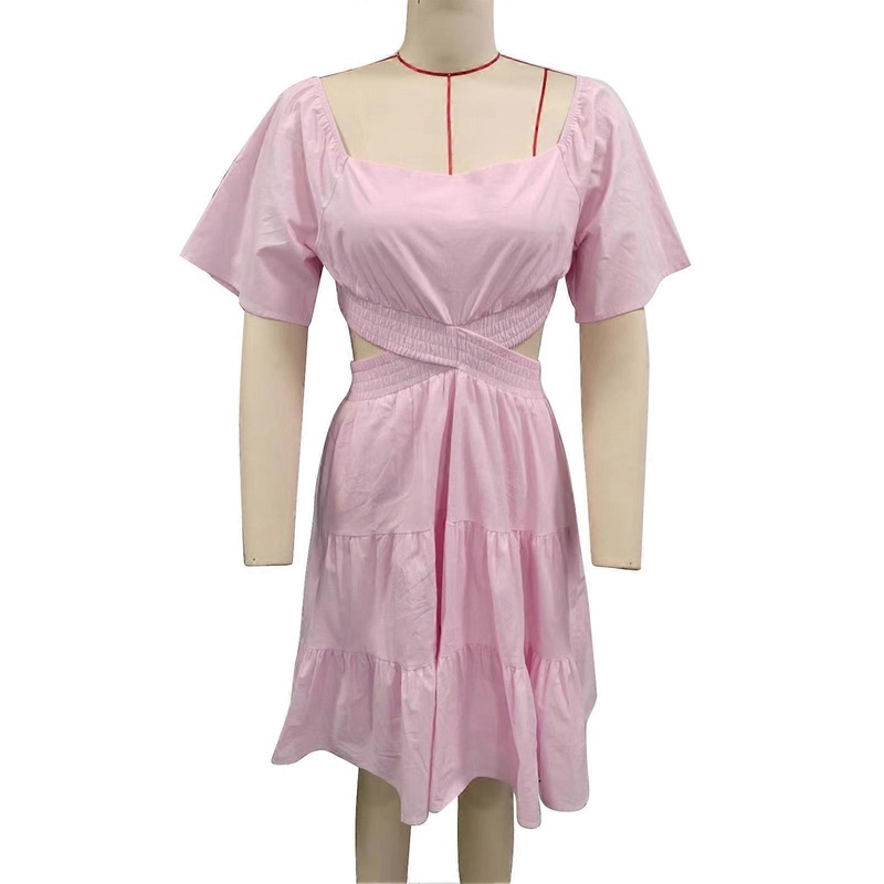 Women Dress Short Bell Sleeves Ruffle Hem Crossing Waist Hollow Out Back Shirred Summer Dress Light Pink M | Fruugo SG