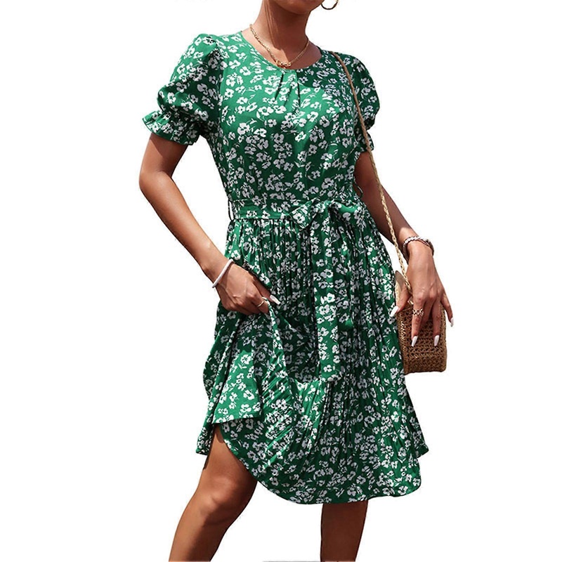 Women Floral Dress Round Neck Short Puff Sleeves Belted Pleated Hem Medium Length Dress for Summer | Fruugo SG