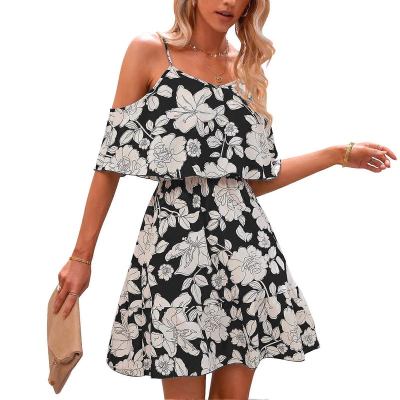 Women Floral Printed Dress Spaghetti Strap Cold Shoulder Elastic Medium Waist Summer Short Dress Black L | Fruugo SG
