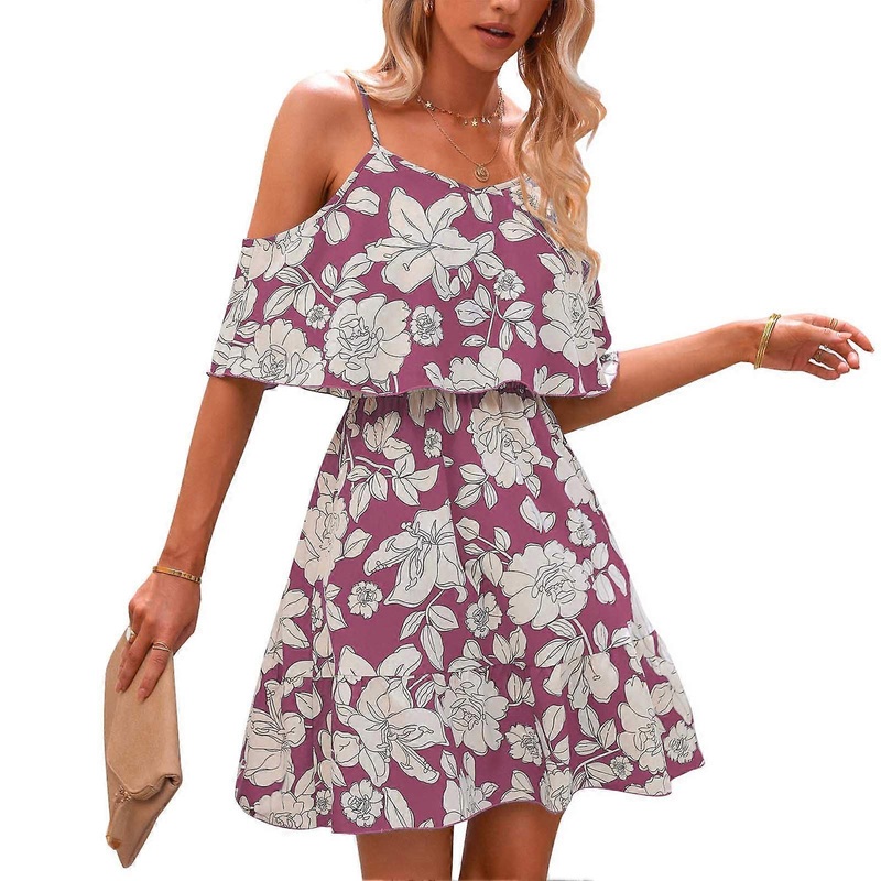 Women Floral Printed Dress Spaghetti Strap Cold Shoulder Elastic Medium Waist Summer Short Dress Pinkish Purple XL | Fruugo SG