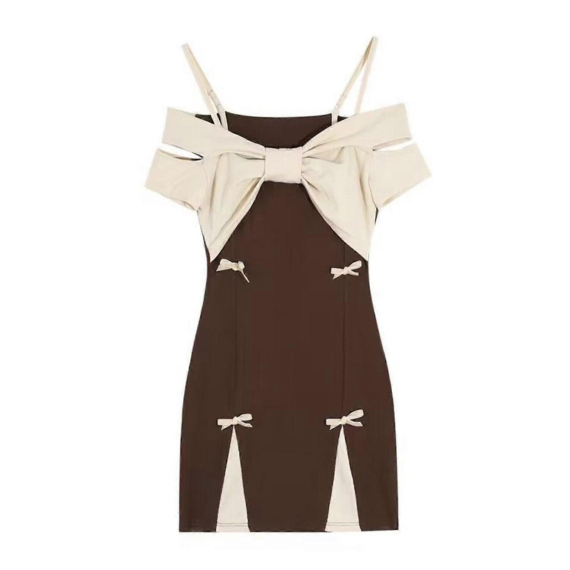 Women Off Shoulder Dress Short Sleeves Color Contrasting Bowknot Decor Hip Wrap Dress | Fruugo SG