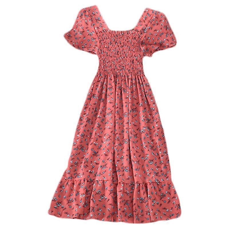 Women Puff Short Sleeve Square Neck Midi Long Swing Dress Boho Vintage Floral Print Smocked A-Line Ruffle Hem Sundress  Pink One Size | Fruugo SG