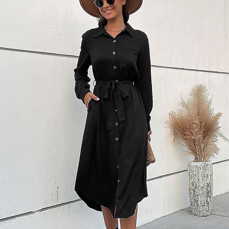 Women’s Spring Single Breasted Lace Up Black Polo Neck Shirt Long Sleeve Dress | Fruugo SG