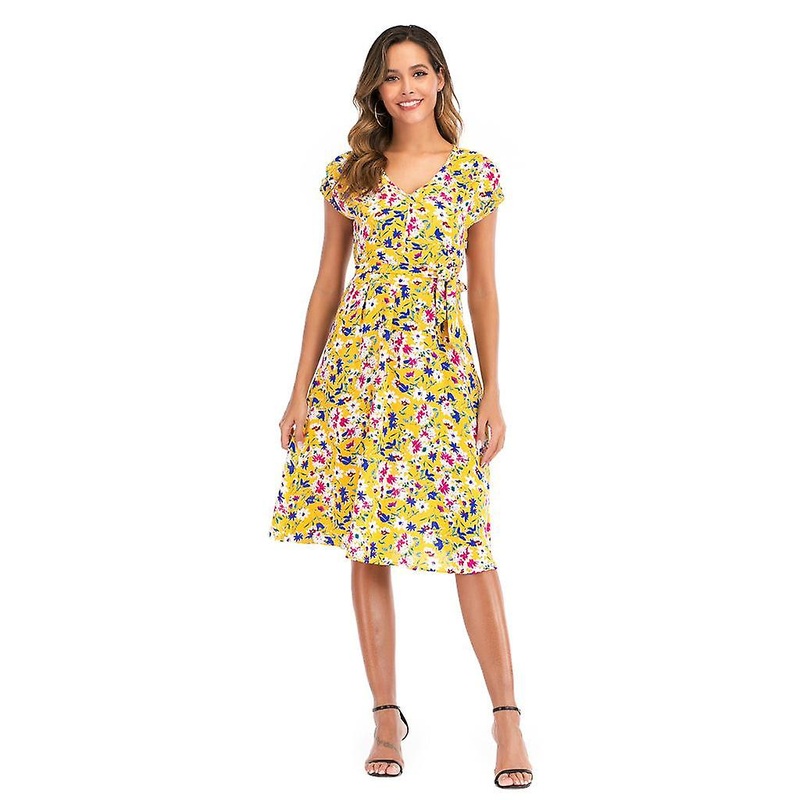 Women’s Summer Small Floral V-neck Short Sleeve Lace Up Big Swing Beach Dress S-xl | Fruugo SG