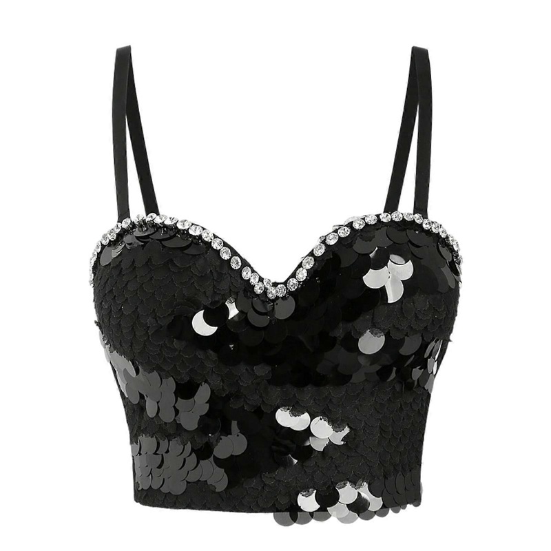 Women Sparkly Crystal Rhinestones Spaghetti Strap Bustier Crop Top Fish Scale Sequins Bodycon Corsets Camisole Clubwear  XS | Fruugo SG