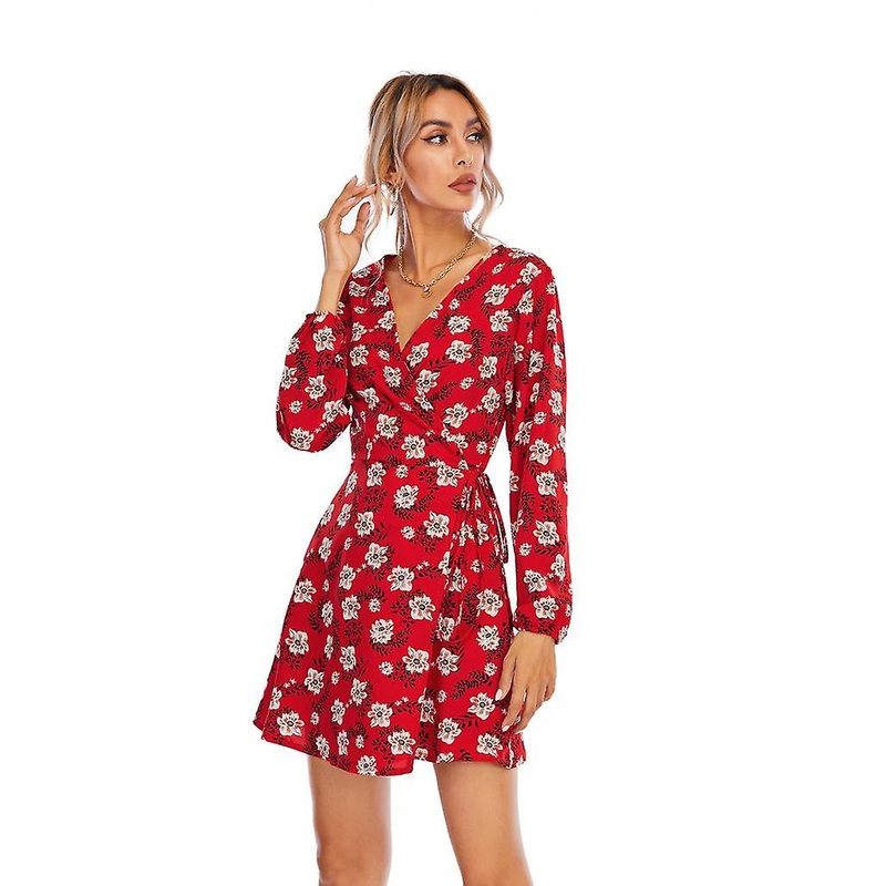 Women Spring Chiffon Floral High Waist V Neck Long Sleeve Pullover Short Dress S-xxl | Fruugo SG
