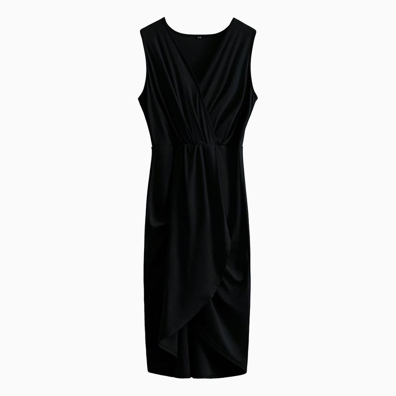 Women Spring Summer Elegant Sleeveless Sexy Long V Neck Pleated High Waist Chic Dress | Fruugo SG