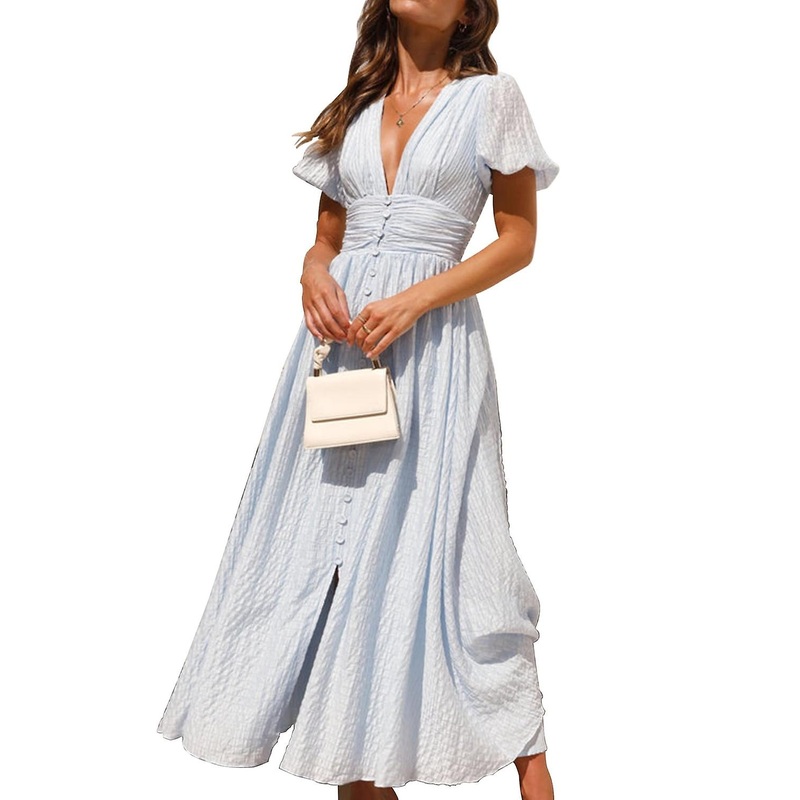 Women Summer Boho Long Wrap Deep V Neck Puff Sleeve Dress Casual Flowy Slit Holiday Party Beach Maxi | Fruugo SG