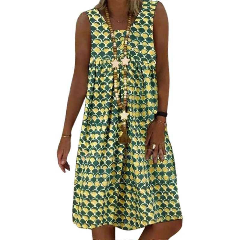 Women Summer Sleeveless Scoop Neck Midi Long for Tank Dress Boho Fish Scales Print Pleated Front Flare Hem Casual Loose Beach Vest Sundress  Yellow XL | Fruugo SG