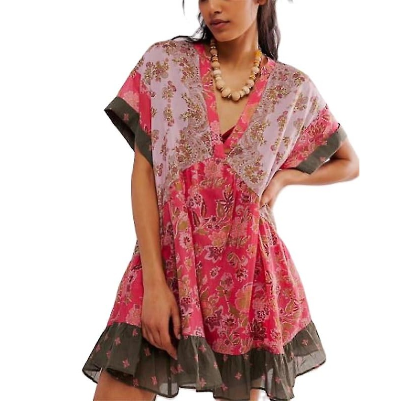 Womens Boho Floral Deep V-Neck Mini Dress Y2k Flowy Ruffle Puff Sleeve Short Dresses 2024 Summer Ca | Fruugo SG