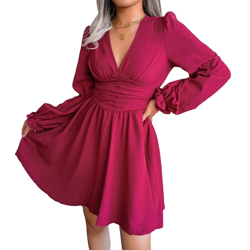 Womens Dress Long Sleeves V-Neck Flowy Mini Dress A-Line High Waist Chiffon Casual Dress Tunics Dresses Babydoll Dress  Burgundy XL | Fruugo SG