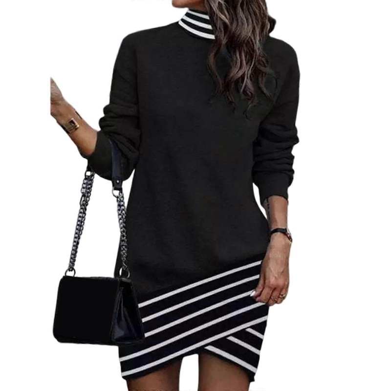 Womens Fall Long Sleeve Turtleneck Wrap Hem Sweatshirt Dress Casual Loose Colorblock Leopard Print Midi Tunic Dresses  Striped black XL | Fruugo SG