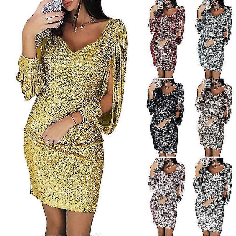 Womens Sexy Sequin V Neck Bodycon Mini Dress Tassels Long Sleeve Cocktail Party Evening Ball Gown | Fruugo SG
