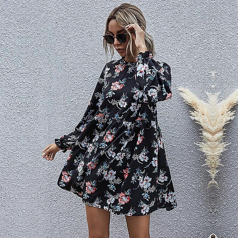 Autumn Spring Floral Print Dress Mini Short Loose Straight Full Sleeve High Waist Black S-xl | Fruugo SG