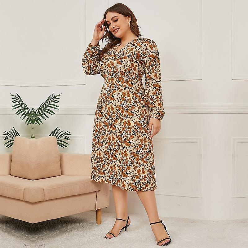 Autumn Winter New Women V Neck Long Sleeve Slim-fit Printed Lace-up High Waist All Match Long Dress | Fruugo SG