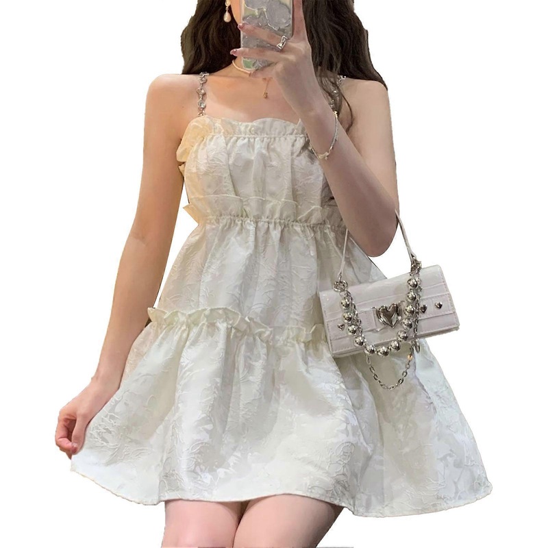 Chain Spaghetti Strap Dress Women Summer Refreshing Elegant Plain Color Frill Trim Tiered Dress for Dating | Fruugo SG
