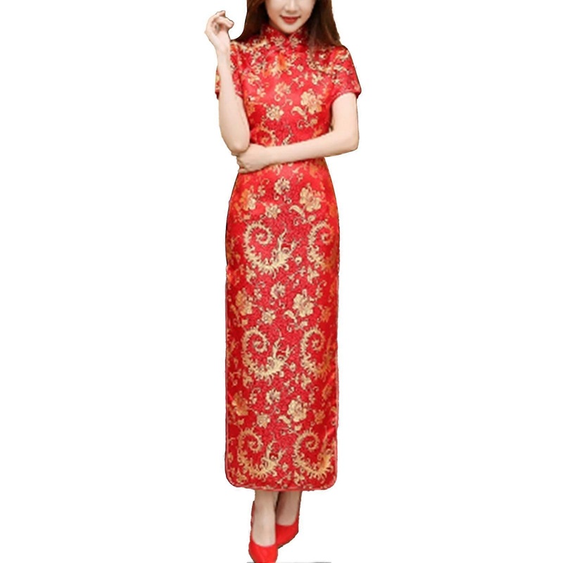 Chinese Long Cheongsam Short Sleeve Side Slit Stand Collar Button Traditional Elegant Maxi Printed Qipao Red Phoenix Tail L 41.3-43.3in | Fruugo SG